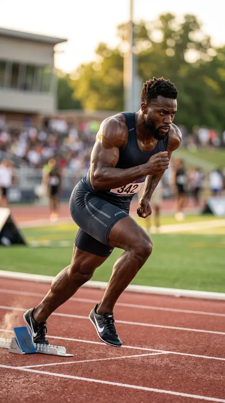 A sprinter driving out of the blocks on a running track