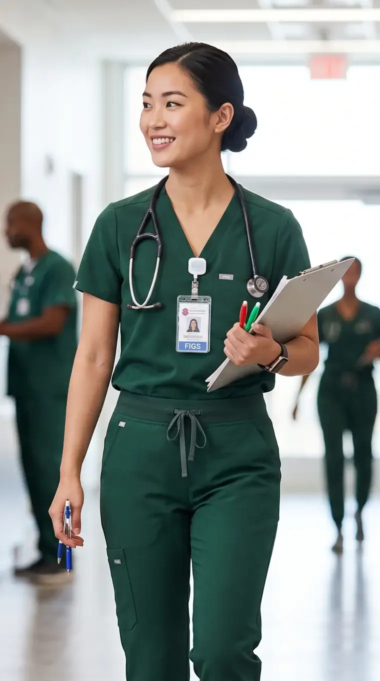 A healthcare professional walking through a hospital corridor