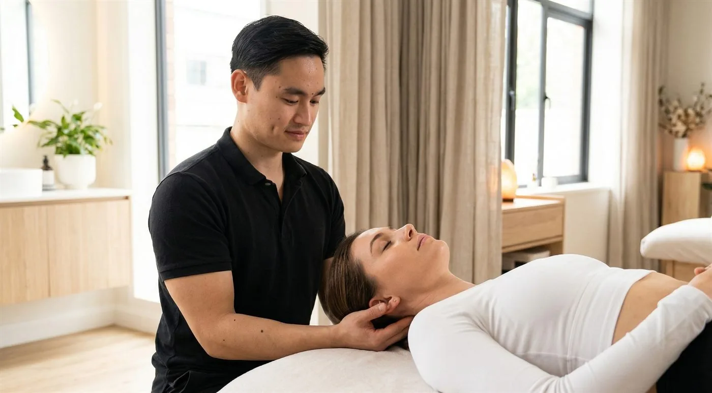 Stretch therapist guiding a client through a PNF contract-and-relax stretch during an in-home Calgary session